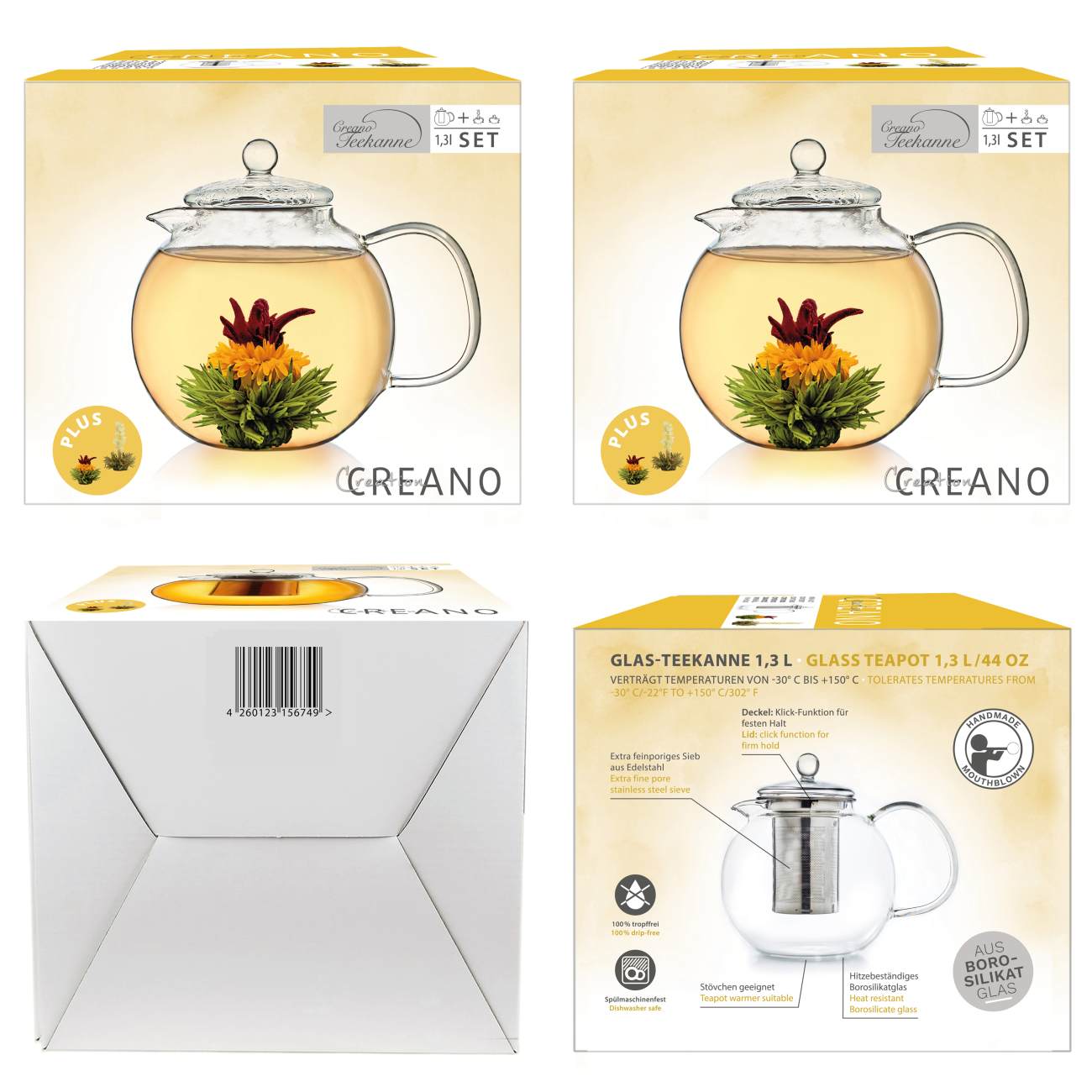 Creano Teekanne aus Glas 1,3l, 3-Teilige Glasteekanne mit zwei Teekugeln ErblühTee weißtee