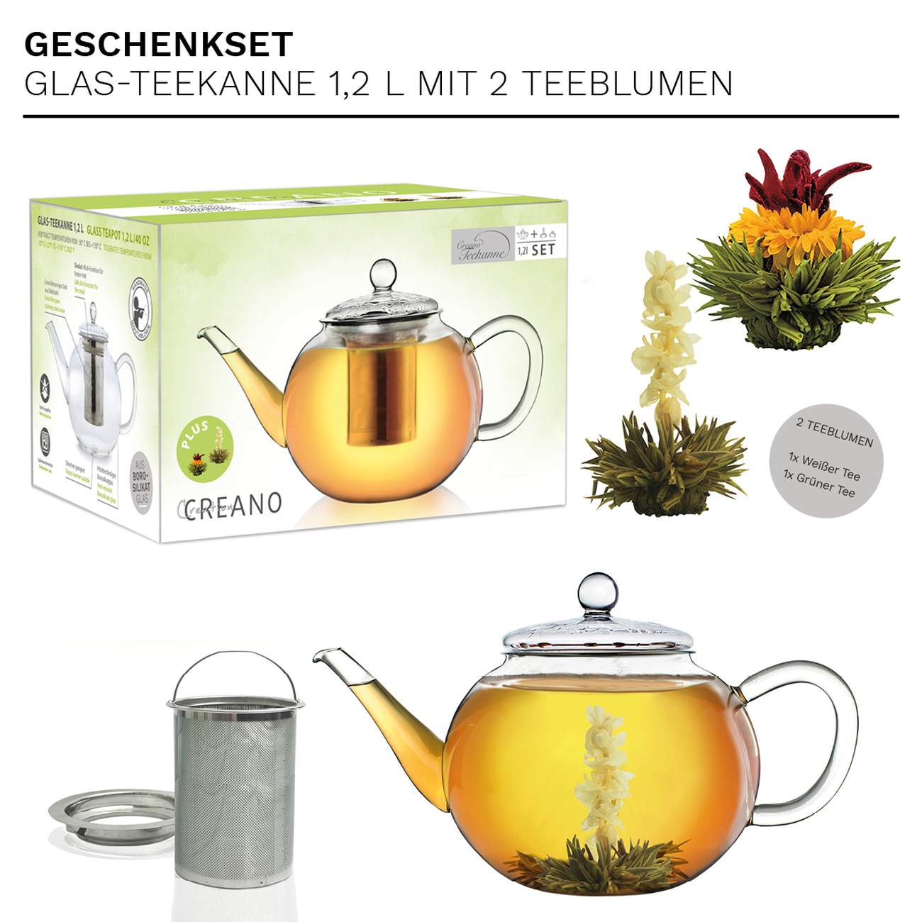 Creano Teekanne aus Glas 1,2l, 3-Teilige Glasteekanne mit zwei Teekugeln ErblühTee Weißtee und Grüntee