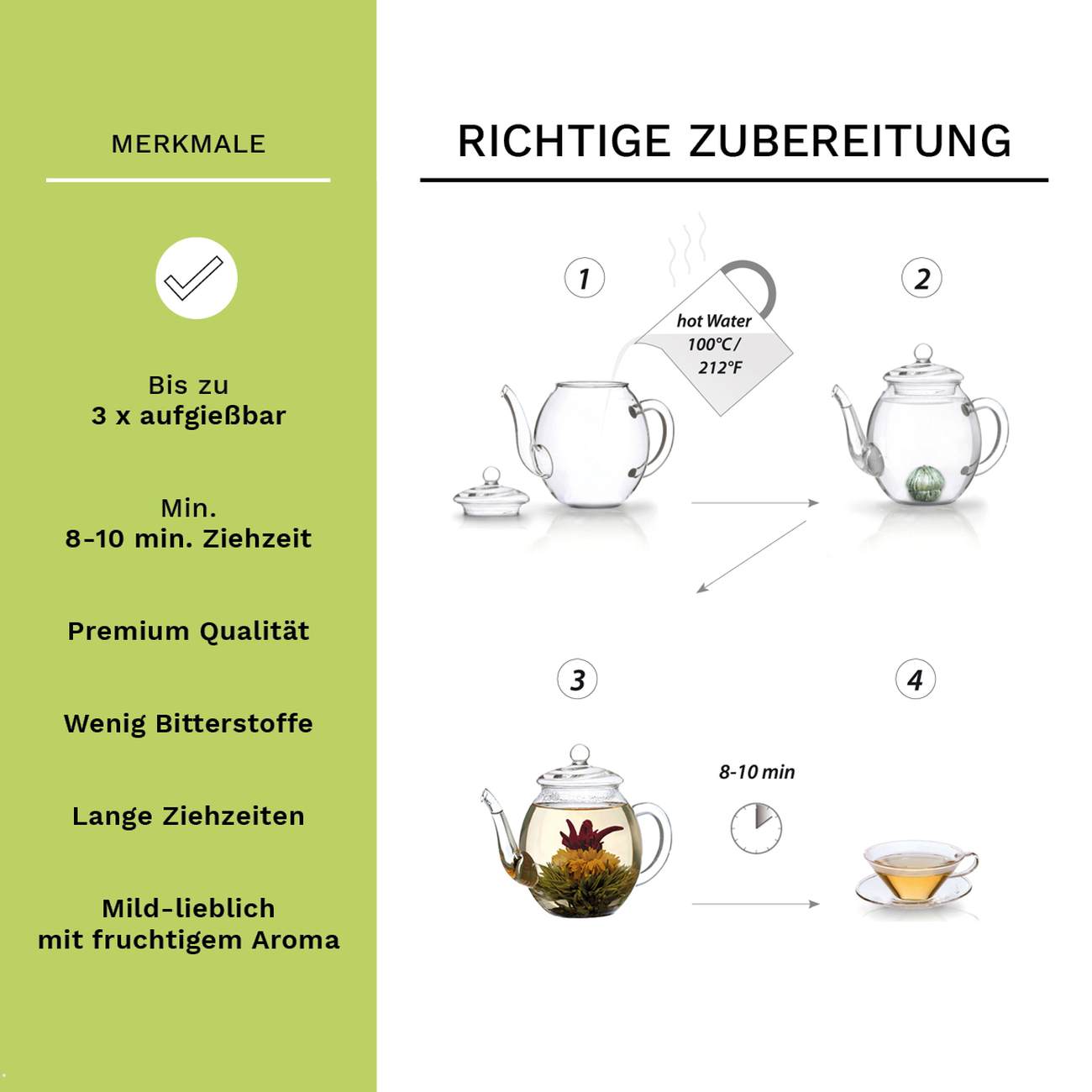 Creano Teekanne aus Glas 1,2l, 3-Teilige Glasteekanne mit zwei Teekugeln ErblühTee Weißtee und Grüntee