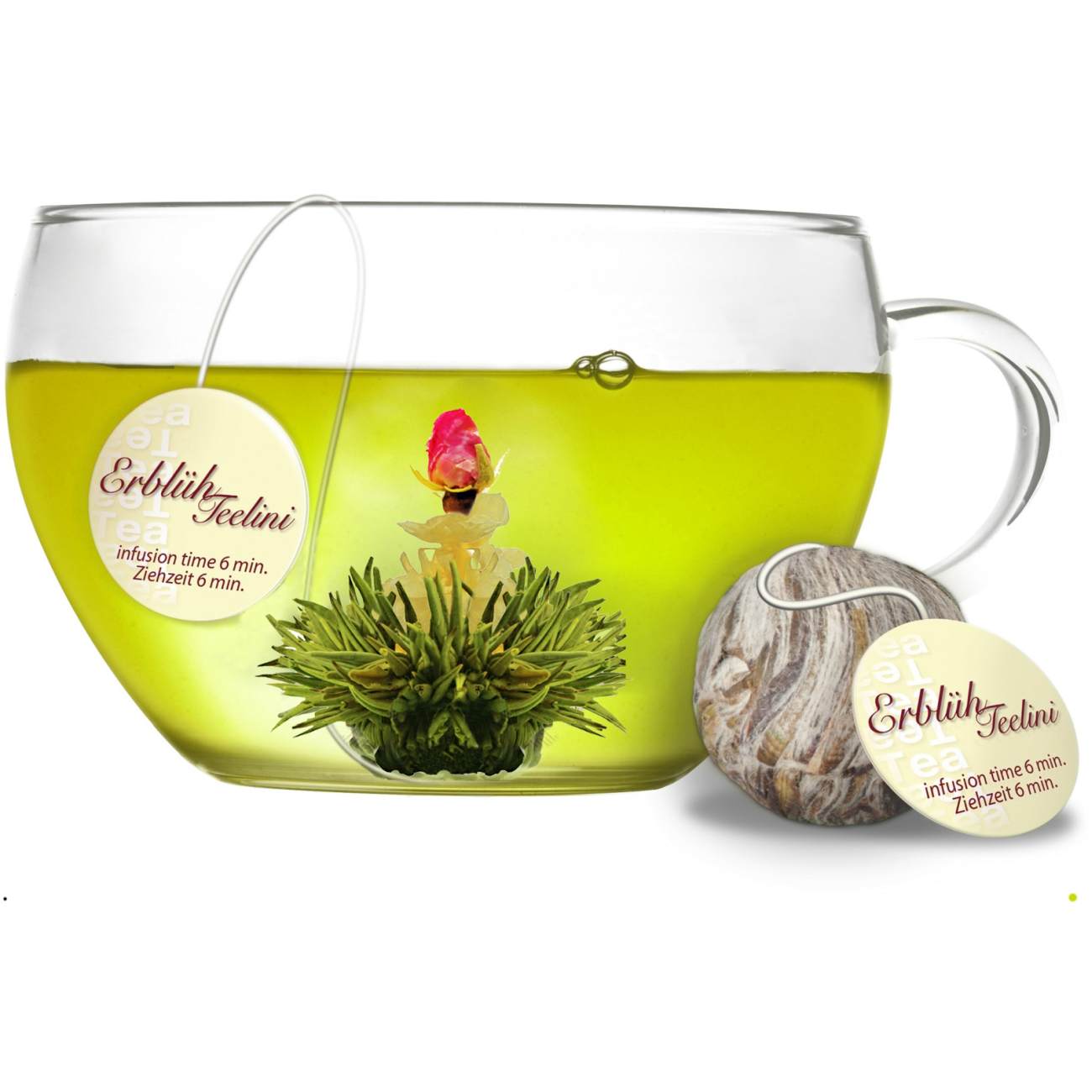 Creano ErblühTeelini Teeblumen Geschenkset mit Teeglas und 8 Teeblumen im Tassenformat, grüner Tee, Geschenk