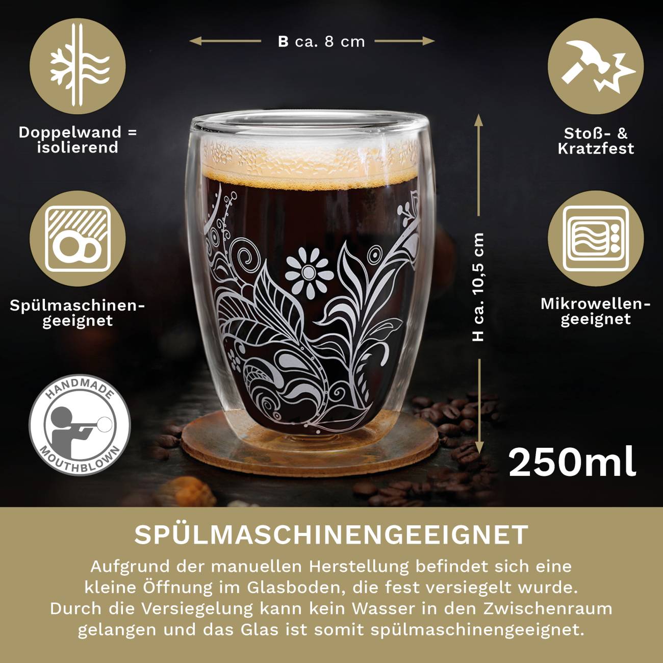 Creano doppelwandige Gläser 250ml "Flowery" White - Thermoglas mit Dekor - Creano