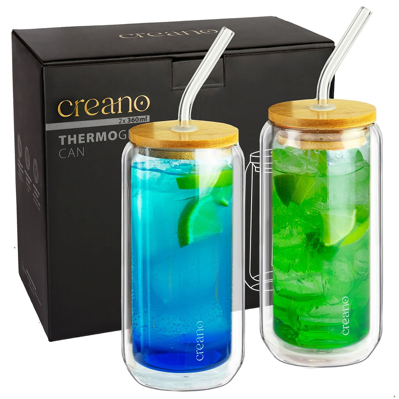 Creano Thermo-Trinkglas 360ml mit Bambusdeckel & Strohhalm - Creano