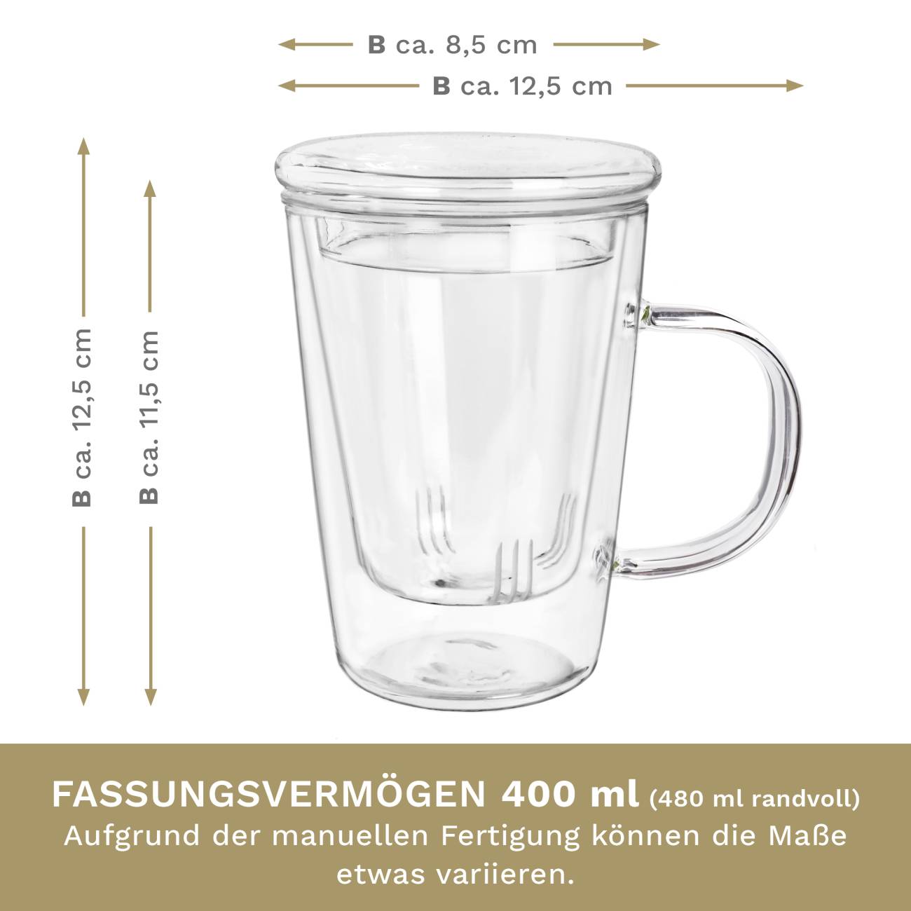 Creano Teeglas 400ml - Große Teetasse mit Sieb und Deckel aus Glas - ein idealer Teebereiter