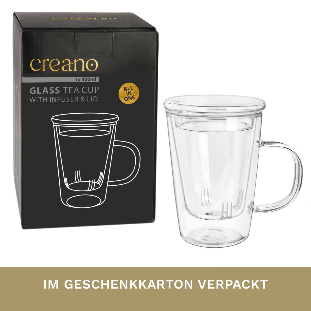 Creano Teeglas 400ml - Große Teetasse mit Sieb und Deckel aus Glas - ein idealer Teebereiter