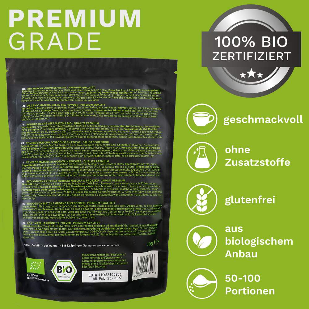 Creano Bio Matcha Tee 100g - Premium Qualität - ideal zum trinken - Grüner Tee für Matcha Latte, Smoothies, Bubble Tea