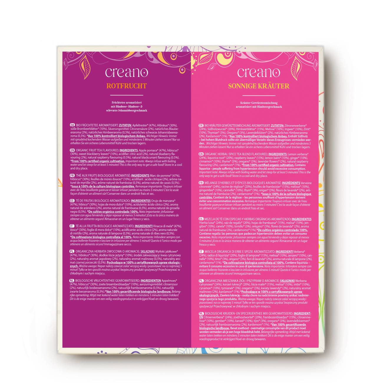 Bio Früchte- Kräutertee 45er Geschenkset „ORGANIC HERBAL TEA“ - 45 Bio-Teebeutel in 9 unterschiedlichen Sorten - 90g*² - Creano