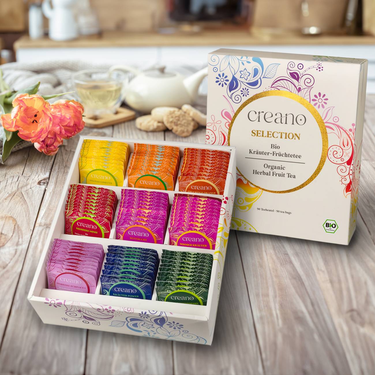 Bio Früchte- Kräutertee 90er Geschenkset „ORGANIC HERBAL TEA“ - 90 Bio-Teebeutel in 9 unterschiedlichen Sorten - 180g*² - Creano