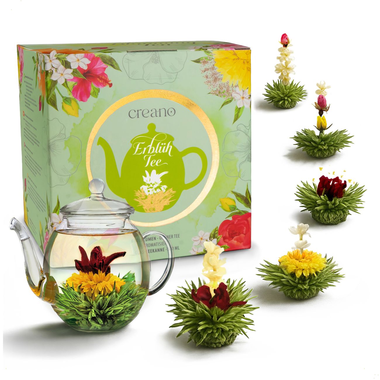 Neues Design: Teeblumen-Geschenkset mit Glaskanne & Früchtetee - Creano