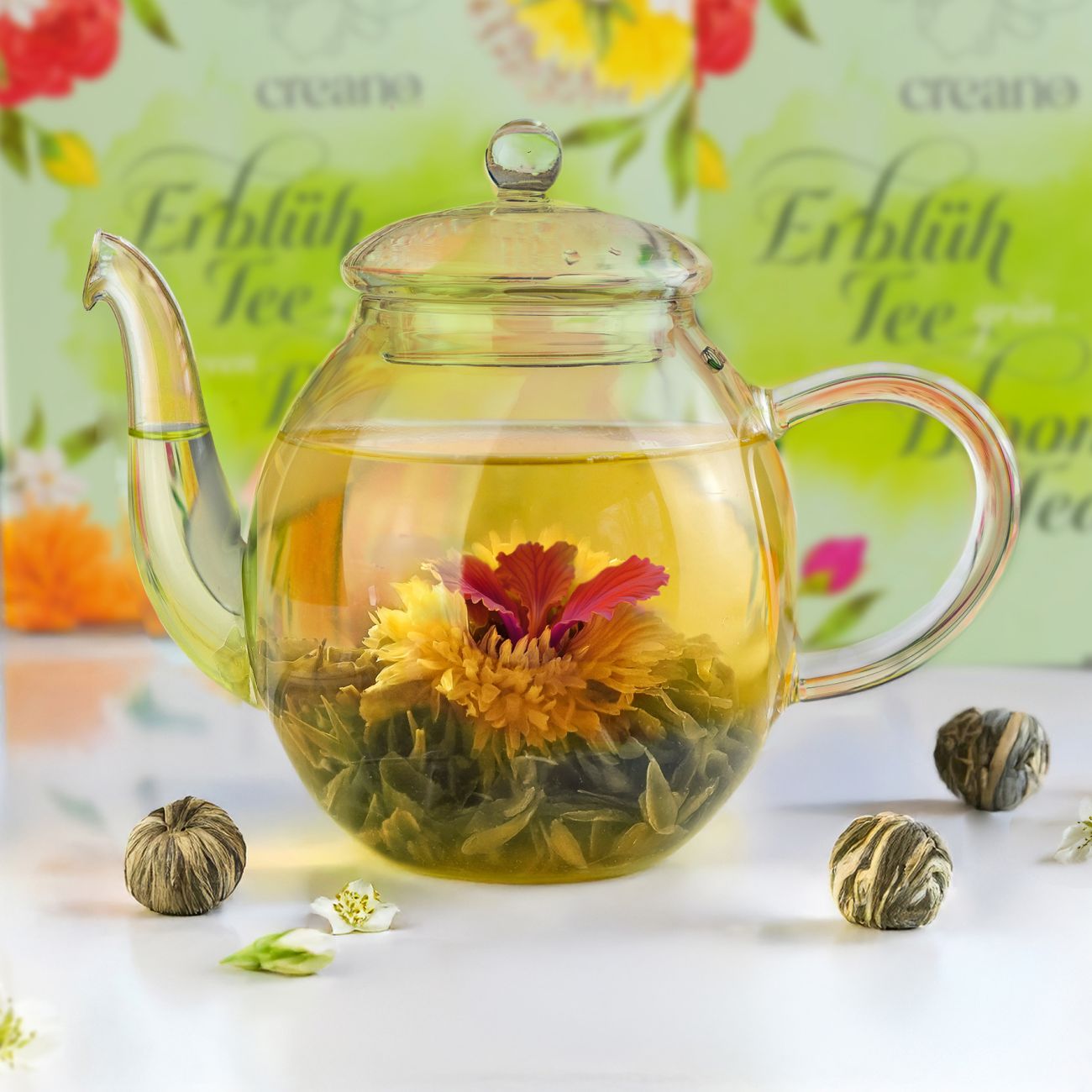 Neues Design: Teeblumen-Geschenkset mit Glaskanne & Früchtetee - Creano