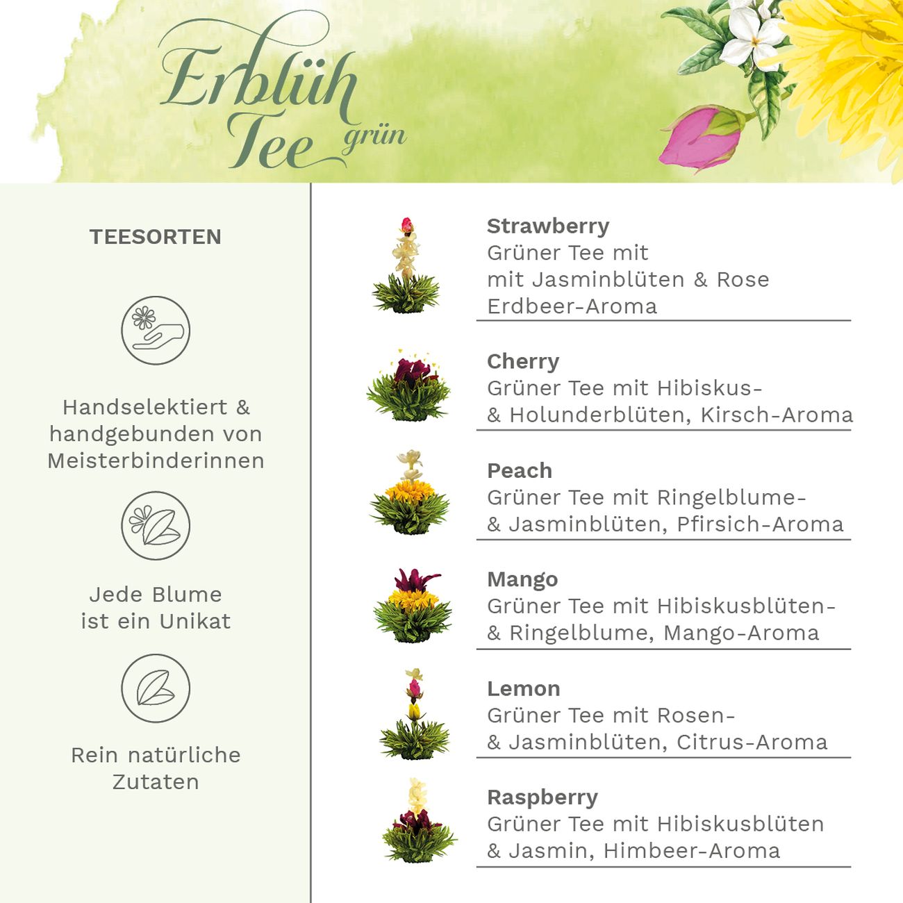 Neues Design: Teeblumen-Geschenkset mit Glaskanne & Früchtetee - Creano