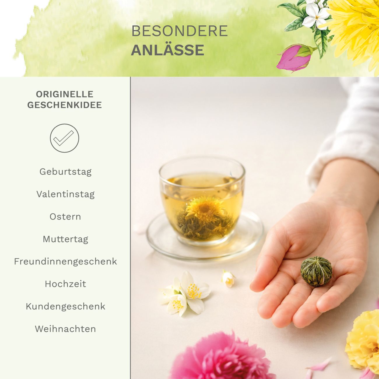 Neues Design: Teeblumen-Geschenkset mit Glaskanne & Früchtetee - Creano