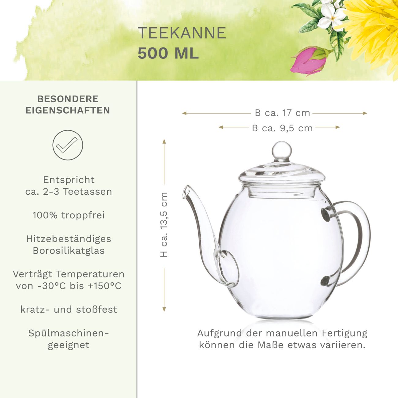 Neues Design: Teeblumen-Geschenkset mit Glaskanne & Früchtetee - Creano