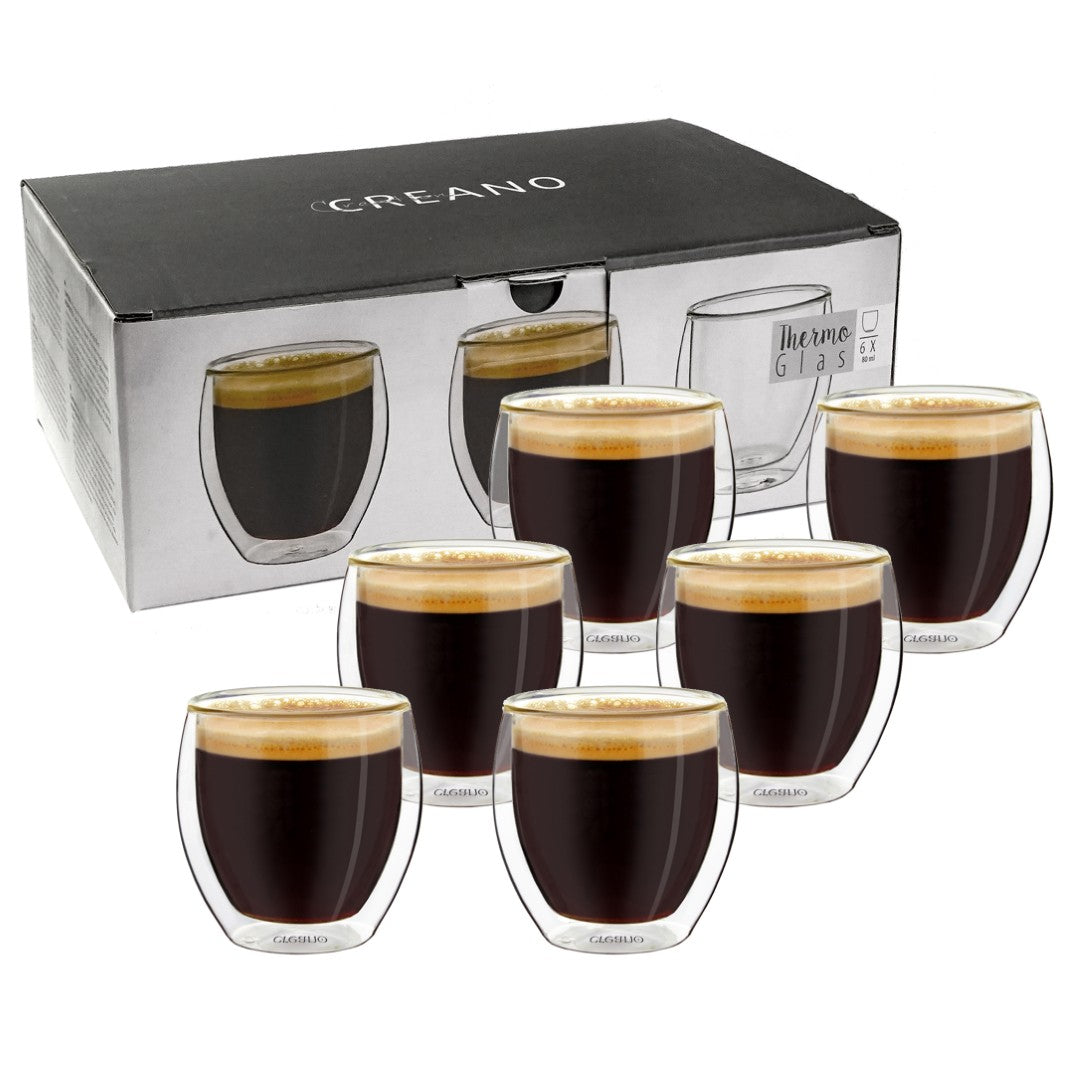 Creano doppelwandige Espresso-Gläser, 6er Set 80ml, Mokkatassen, Espressotassen, Thermo-Gläser  mit Schwebe-Effekt