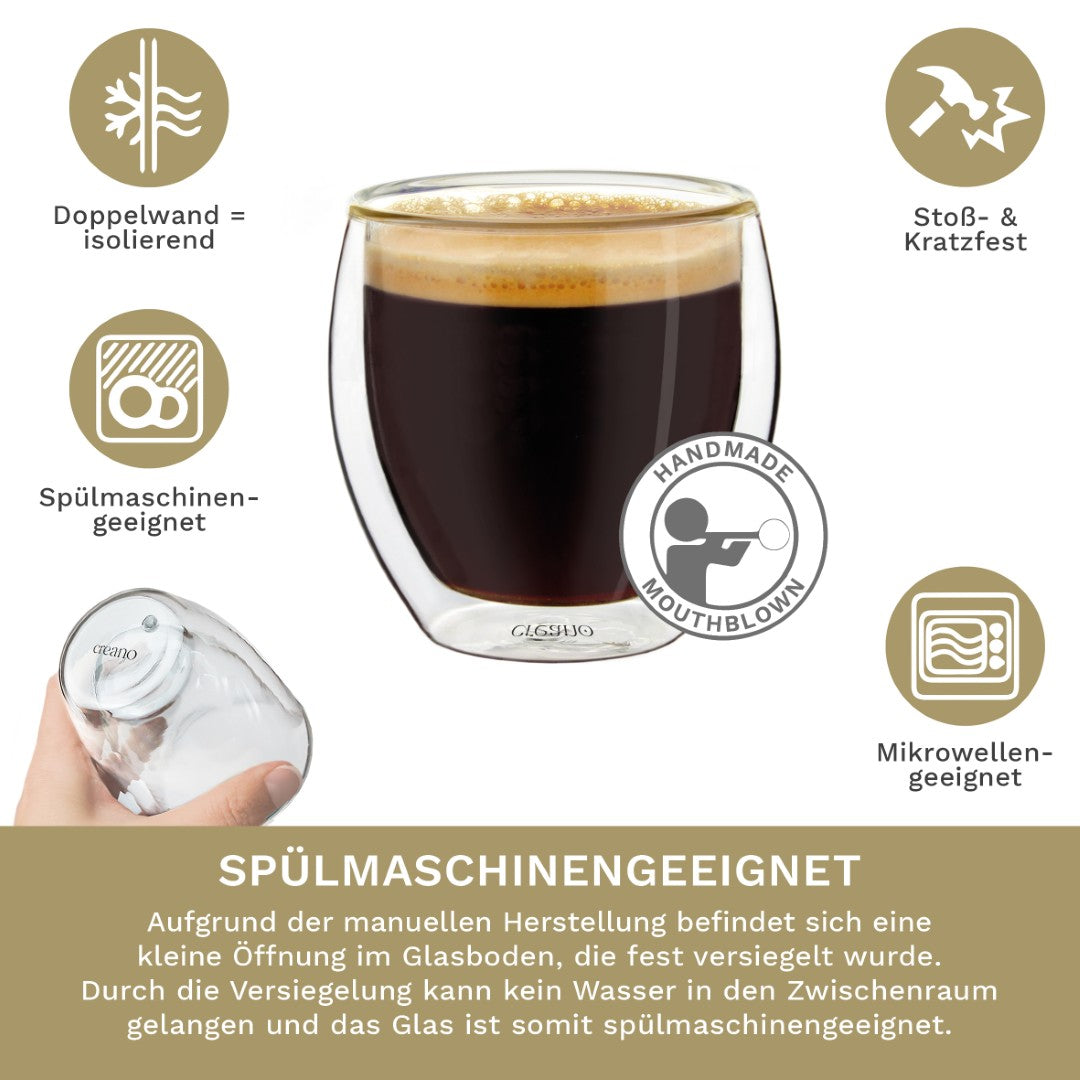 Creano doppelwandige Espresso-Gläser, 6er Set 80ml, Mokkatassen, Espressotassen, Thermo-Gläser  mit Schwebe-Effekt