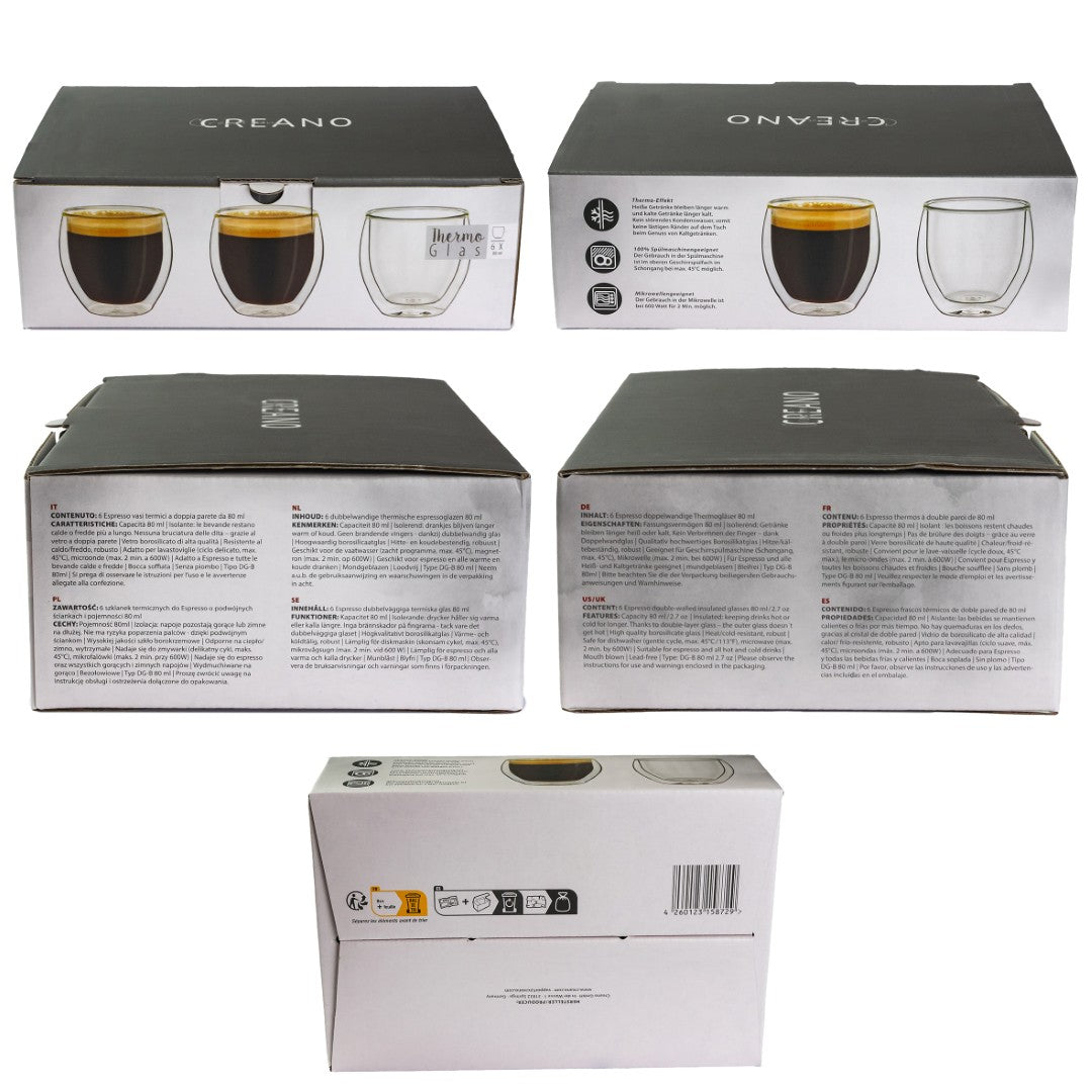 Creano doppelwandige Espresso-Gläser, 6er Set 80ml, Mokkatassen, Espressotassen, Thermo-Gläser  mit Schwebe-Effekt