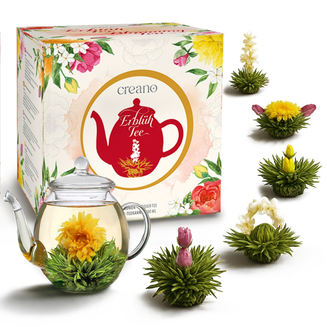 Neues Design: Teeblumen-Set Glaskanne & Weißer Tee - Creano