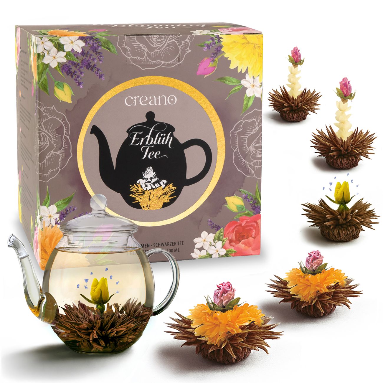 Neues Design: Schwarztee-Geschenkset mit Glaskanne und Blüten - Creano