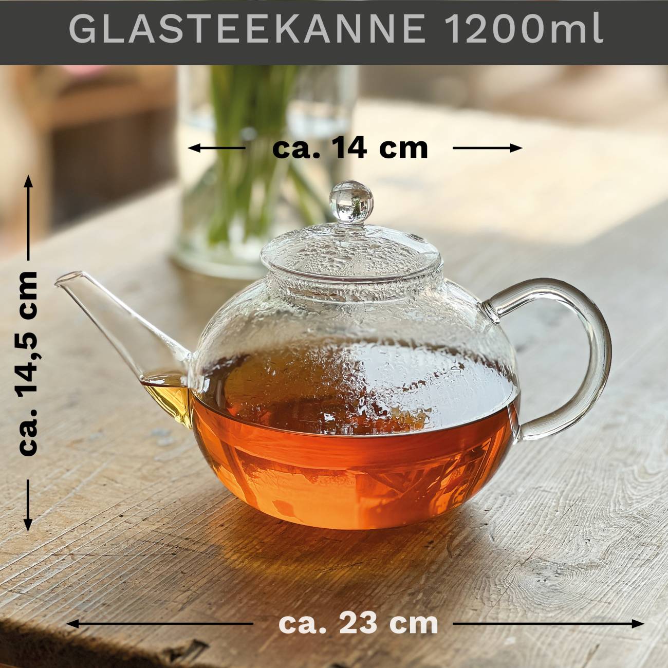 Creano Teekanne aus Glas 1,2l mit Edelstahlsieb und schwarzem Stövchen "Leaf" - Creano