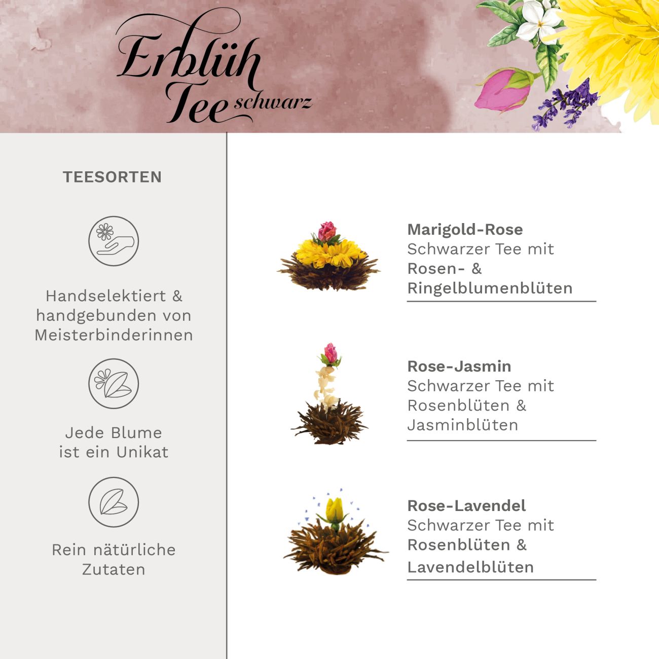 Neues Design: Schwarztee-Geschenkset mit Glaskanne und Blüten - Creano