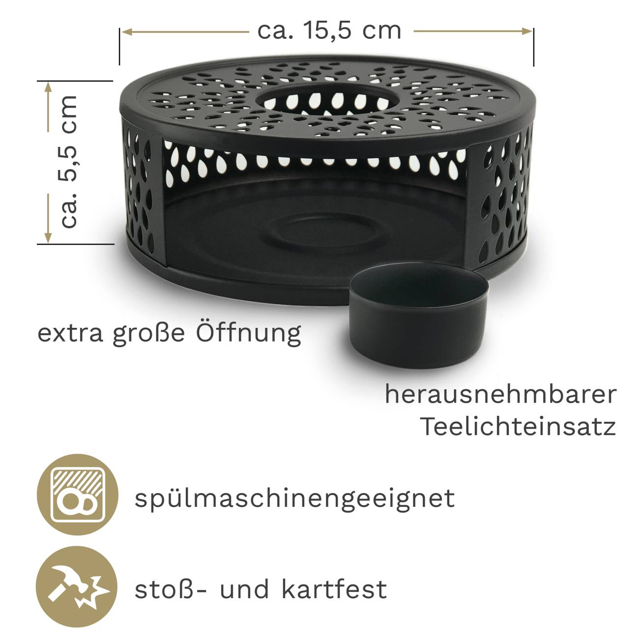 Creano Teekanne aus Glas 1,2l mit Edelstahlsieb und schwarzem Stövchen "Leaf" - Creano