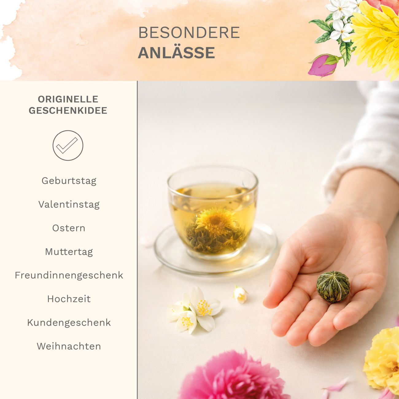 Neues Design: Teeblumen-Set Glaskanne & Weißer Tee - Creano