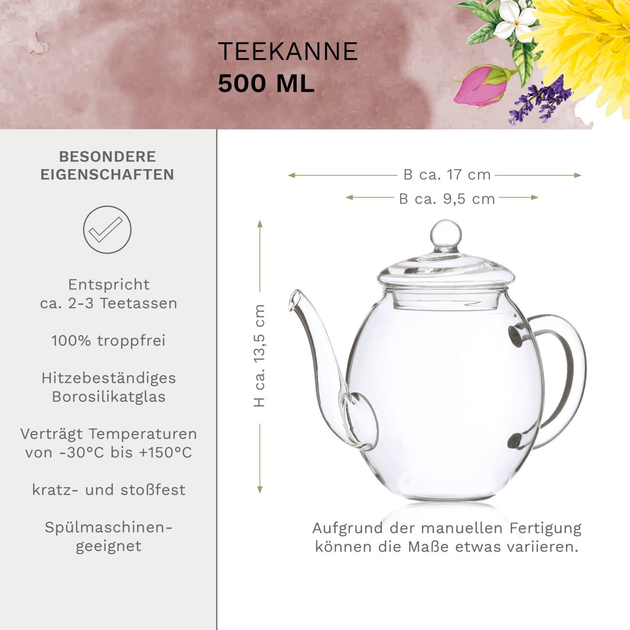 Neues Design: Schwarztee-Geschenkset mit Glaskanne und Blüten - Creano