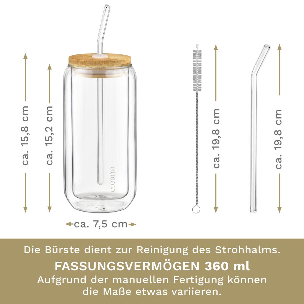 Creano doppelwandiges Trinkglas mit Bambusdeckel & Strohhalm 360ml - Smoothie Becher - Bubble Tea - Cocktailglas