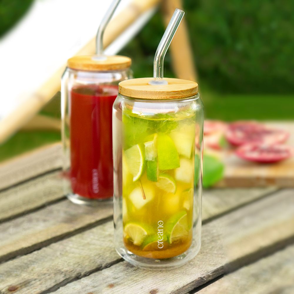 Creano doppelwandiges Trinkglas mit Bambusdeckel & Strohhalm 360ml - Smoothie Becher - Bubble Tea - Cocktailglas