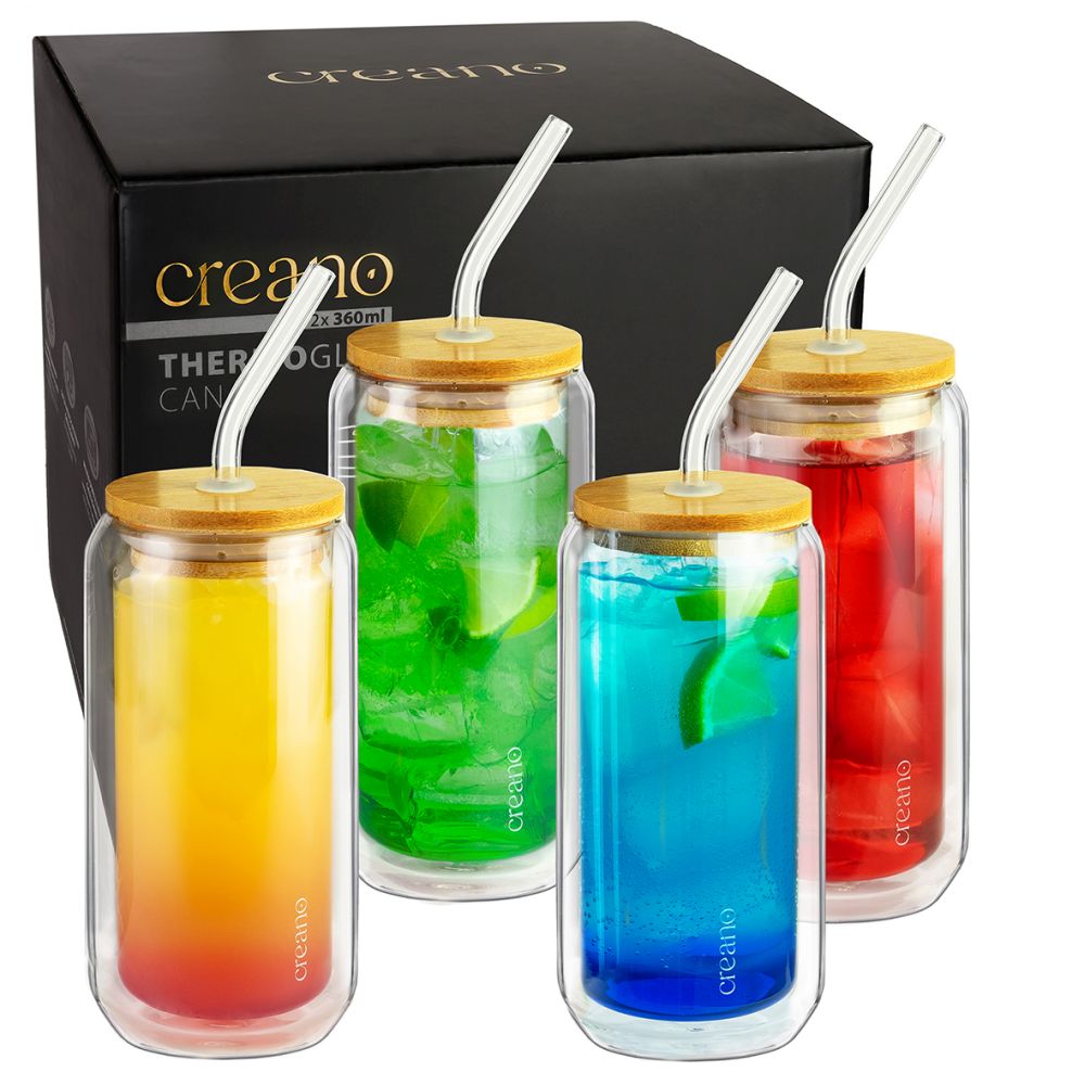 Creano doppelwandiges Trinkglas mit Bambusdeckel & Strohhalm 360ml - Smoothie Becher - Bubble Tea - Cocktailglas