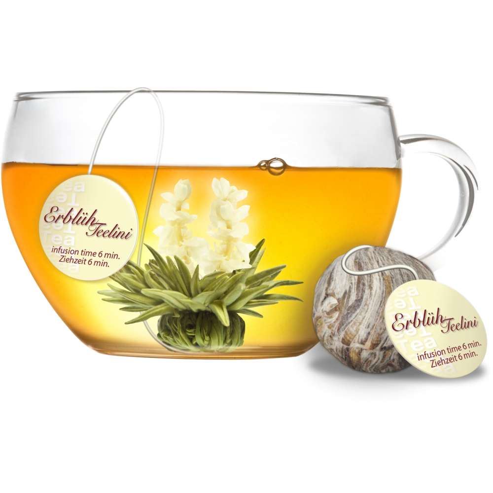 Creano Fleurs de thé Mix - Set cadeau doré Thé fleuri avec théière en verre  Thé blanc, vert & noir en 6 sortes, fleur de thé, Blooming Tea, cadeau