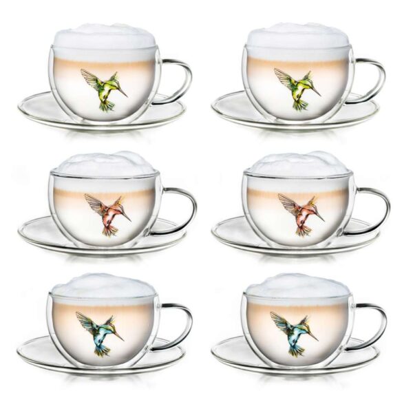 Creano Lot de 6 tasses isothermes Hummi pour thé/latte macchiato, à  double paroi, avec motif colibri