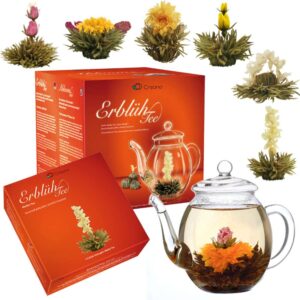 Creano Teeblumen Mix - Geschenkset "ErblühTee" mit Glaskanne Weißtee (6 verschiedene Sorten)