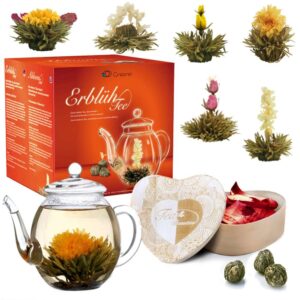 6er Set ErblühTee in Herz-Holzbox + 500ml Teekanne