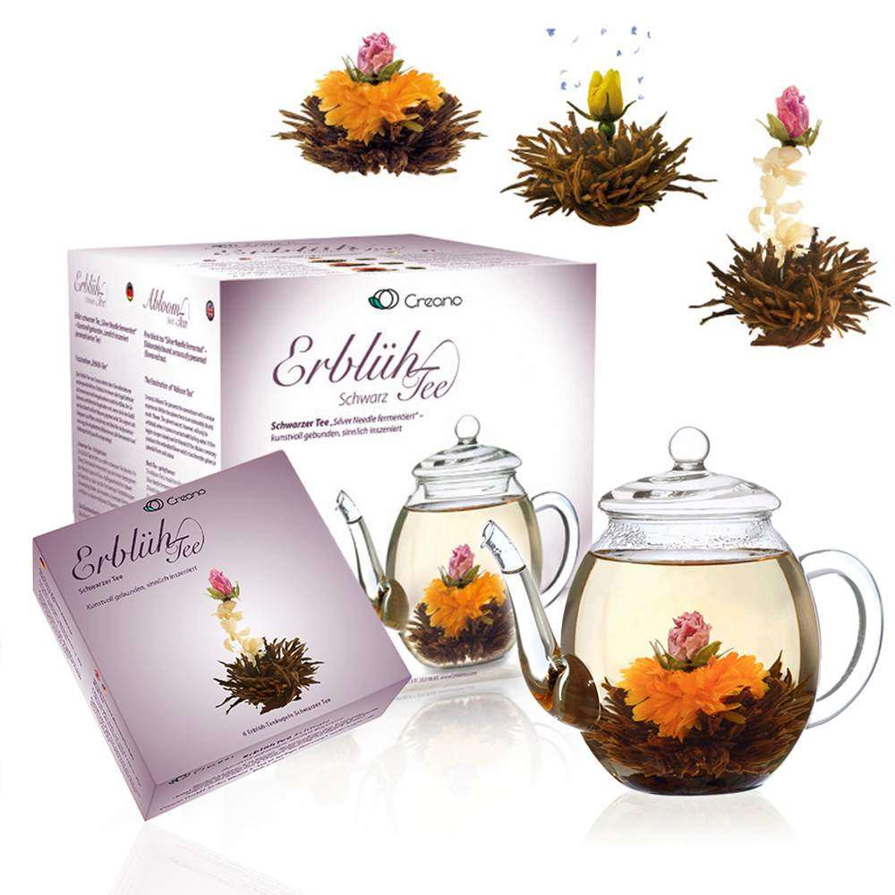 Creano Fleurs de thé Mix - Set cadeau Thé en fleur avec verseuse en verre,  thé noir (6 roses de thé de 3 sortes différentes) Cadeau pour femme, mère,  amateur de thé  Creano