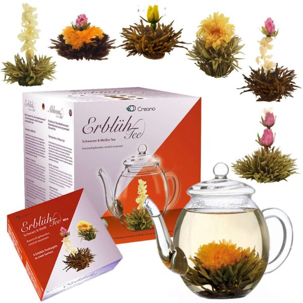 Creano Tea Flowers Mix - Set regalo ErblühTee con vaso di vetro da 500 ml di  tè bianco e tè nero con 6 palline di tè ciascuna 3x tè bianco e nero