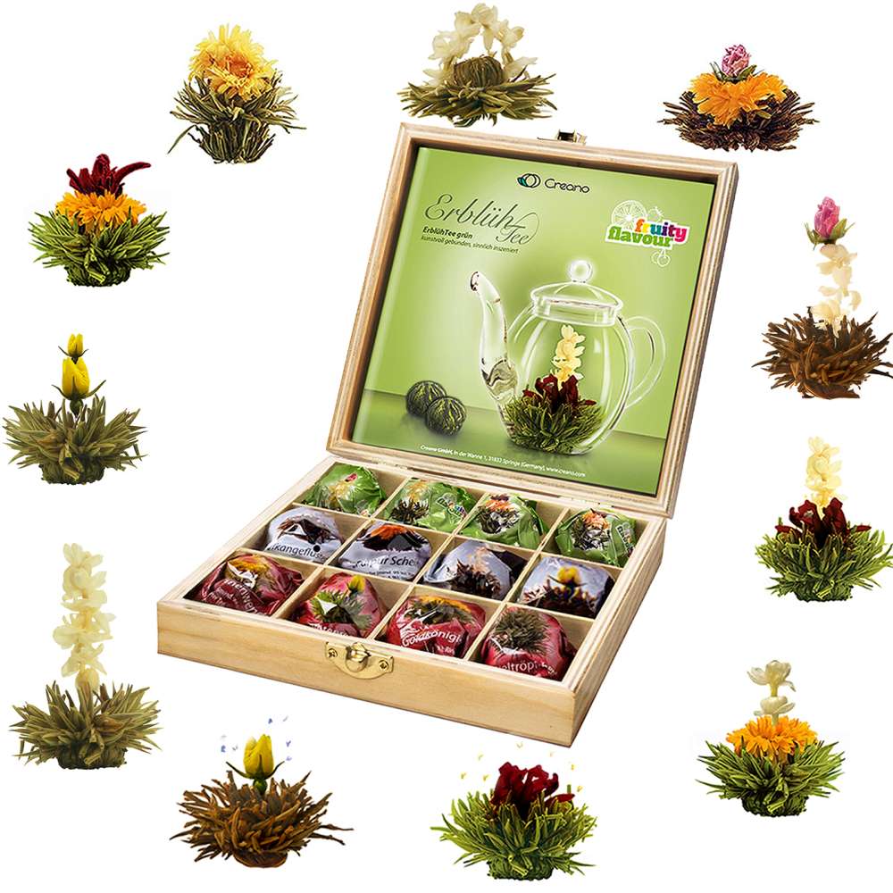 Coffret cadeau Creano mélange de fleurs de thé avec théière de 500 ml dans  une élégante boîte en bois contenant 6 sortes différentes de thé en fleur