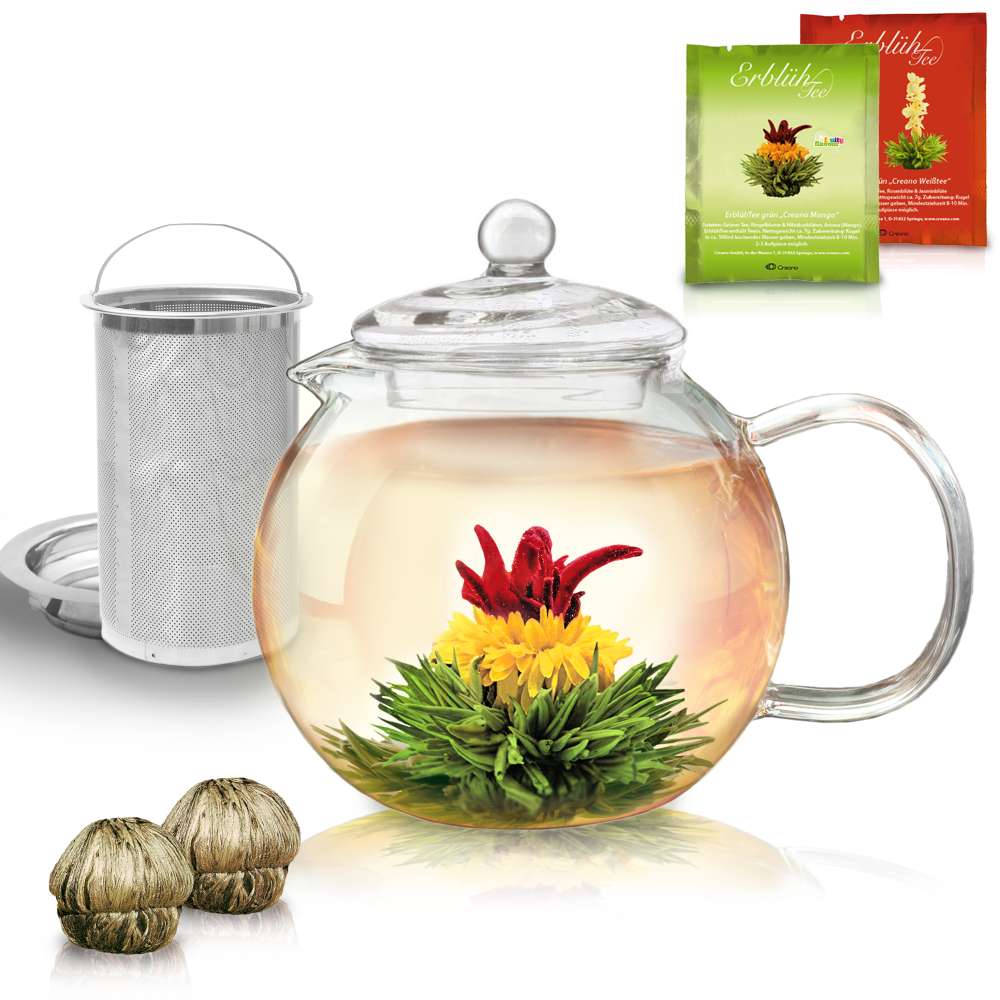 Teiera in vetro Creano 1,3l, Teiera in vetro 3 pezzi con due palline per il  tè ErblühTee White Tea