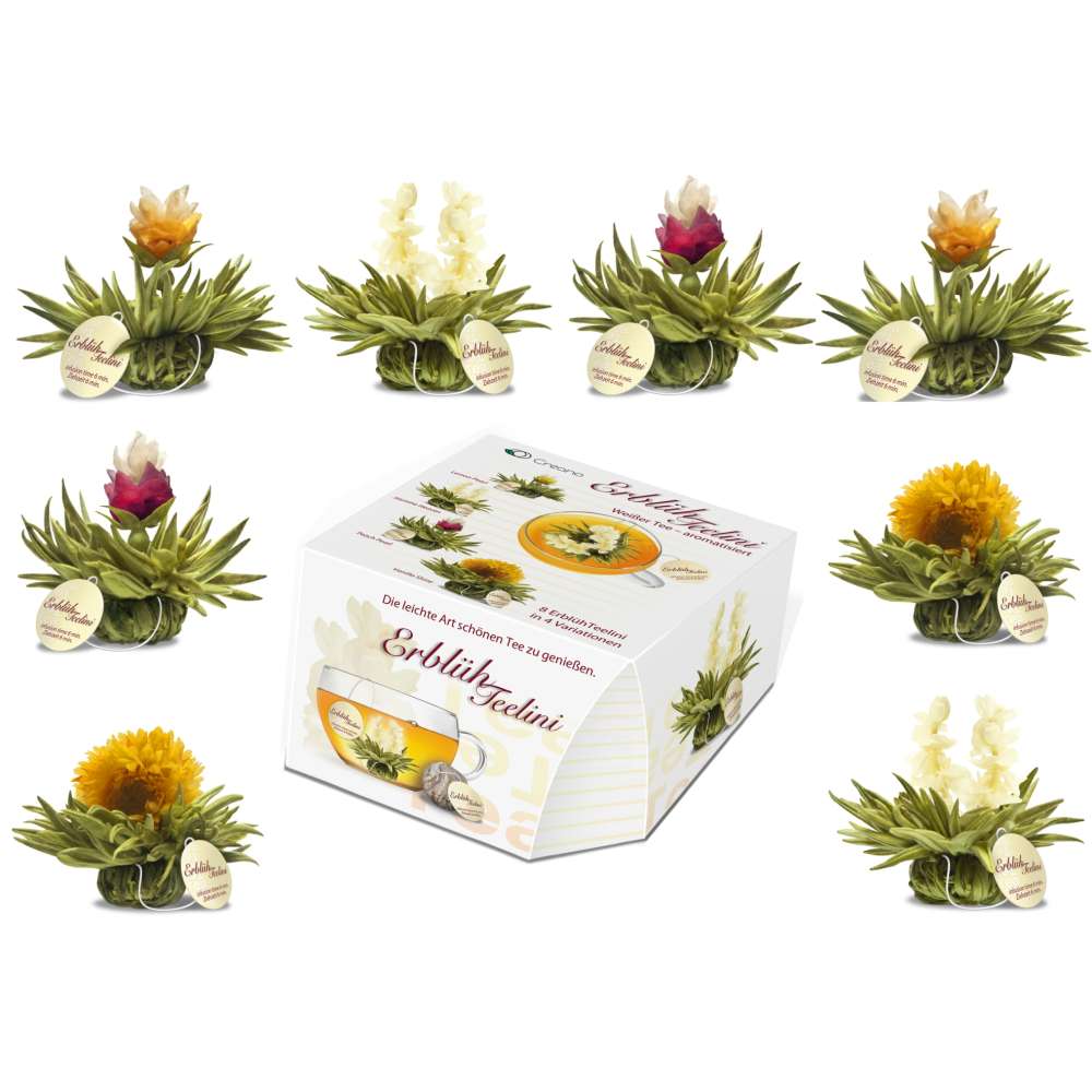 Variazione di fiori di tè di Creano nell'esclusivo formato tazza  ErblühTeelini - 8 fiori di tè in 4 diverse varietà (tè bianco)  Creano