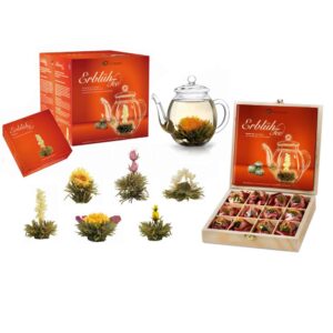 Creano Teeblumen Mix - Geschenkset ErblühTee mit Glaskanne & 6 Teeblumen + 12 Teerosen in Teekiste aus Holz in 6 Sorten - Weißtee