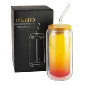 Creano doppelwandiges Trinkglas mit Bambusdeckel & Strohhalm 360ml - Smoothie Becher - Bubble Tea - Cocktailglas<span> - </span>1er